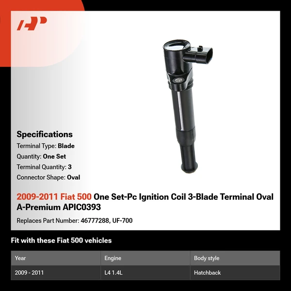 2009-2011 Fiat 500 One Set-Pc Ignition Coil 3-Blade Terminal Oval A-Premium APIC0393