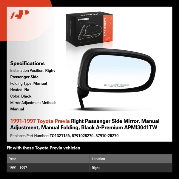 1991-1997 Toyota Previa Right Passenger Side Mirror, Manual Adjustment, Manual Folding, Black A-Premium APMI3041TW
