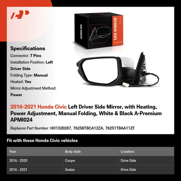 2016-2021 Honda Civic Left Driver Side Mirror, with Heating, Power Adjustment, Manual Folding, White & Black A-Premium APMI024