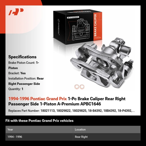 1994-1996 Pontiac Grand Prix 1-Pc Brake Caliper Rear Right Passenger Side 1-Piston A-Premium APBC1646