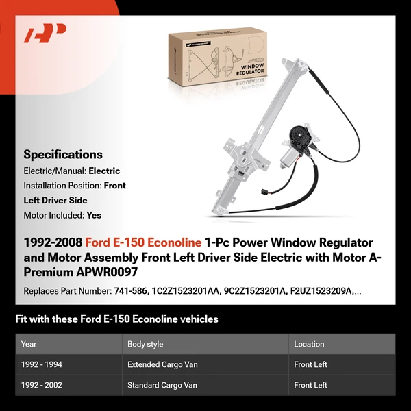 1992-2008 Ford E-150 Econoline 1-Pc Power Window Regulator and Motor Assembly Front Left Driver Side Electric with Motor A-Premium APWR0097