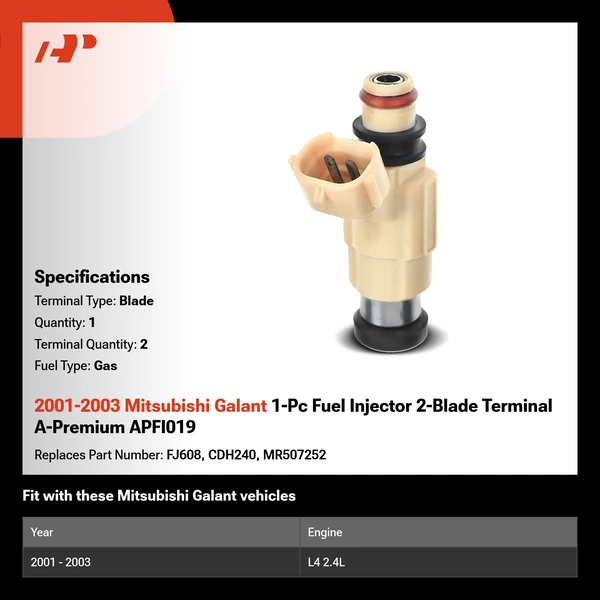 2001-2003 Mitsubishi Galant 1-Pc Fuel Injector 2-Blade Terminal A-Premium APFI019
