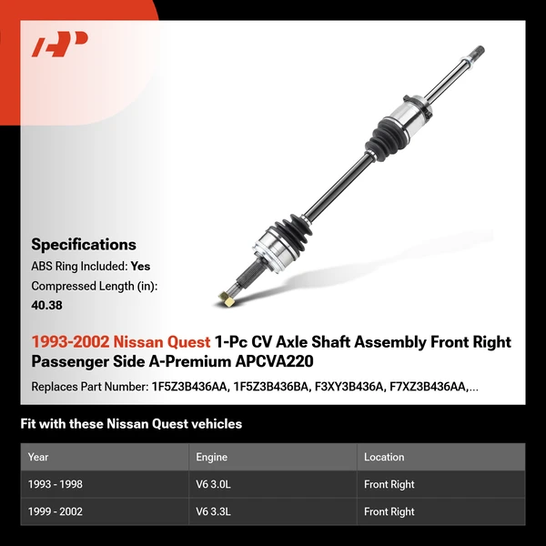 1993-2002 Nissan Quest 1-Pc CV Axle Shaft Assembly Front Right Passenger Side A-Premium APCVA220