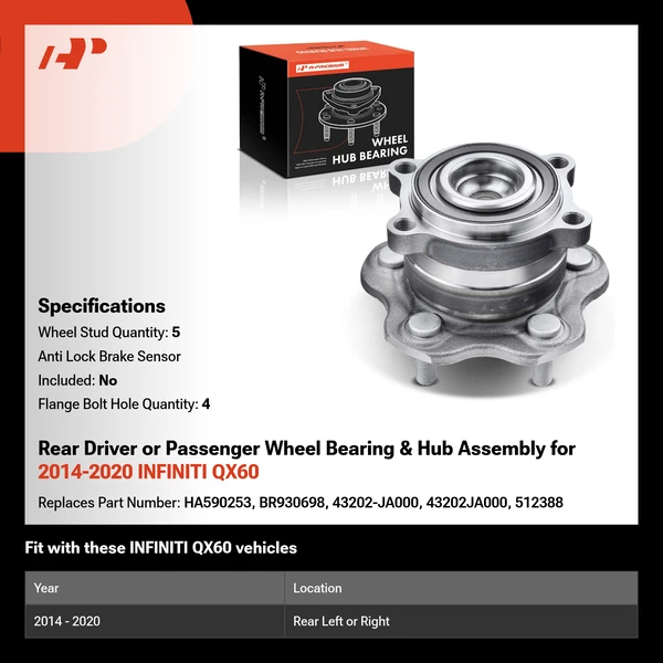 Rear Driver or Passenger Wheel Bearing & Hub Assembly for 2014-2020 INFINITI QX60