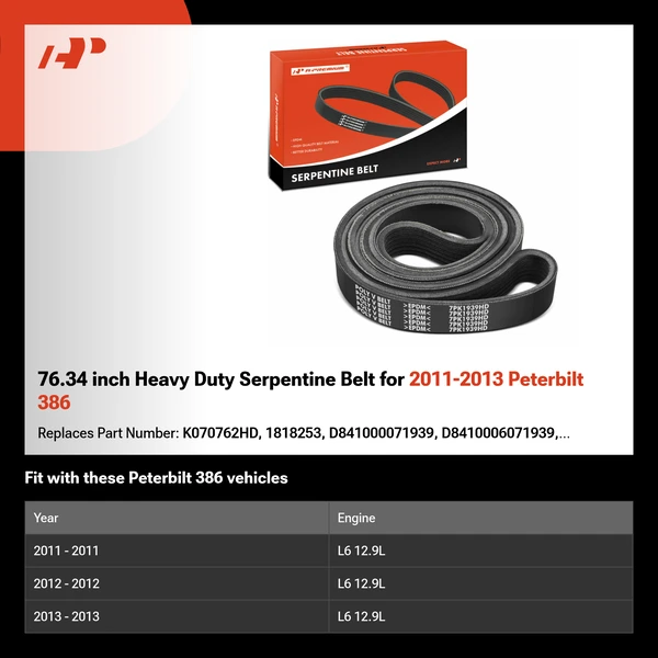 76.34 inch Heavy Duty Serpentine Belt for 2011-2013 Peterbilt 386