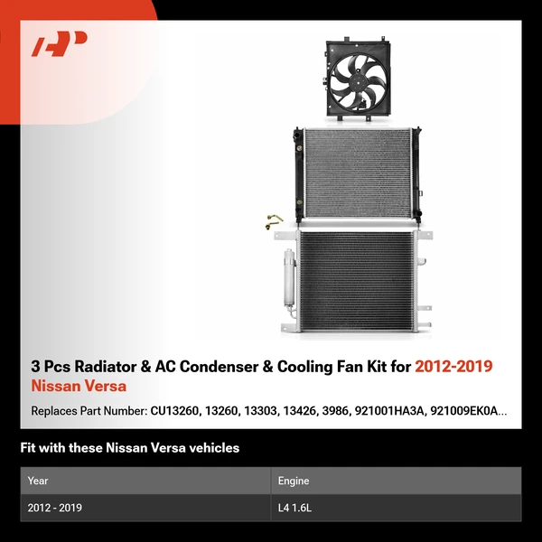 3 Pcs Radiator & AC Condenser & Cooling Fan Kit for 2012-2019 Nissan Versa