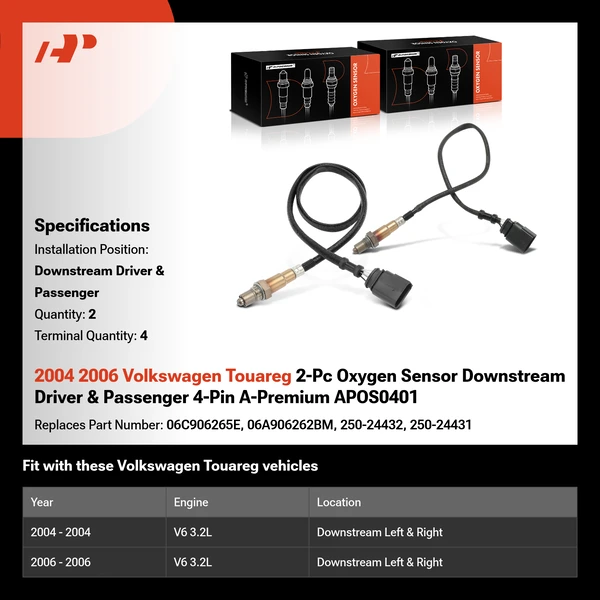 2004 2006 Volkswagen Touareg 2-Pc Oxygen Sensor Downstream Driver & Passenger 4-Pin A-Premium APOS0401