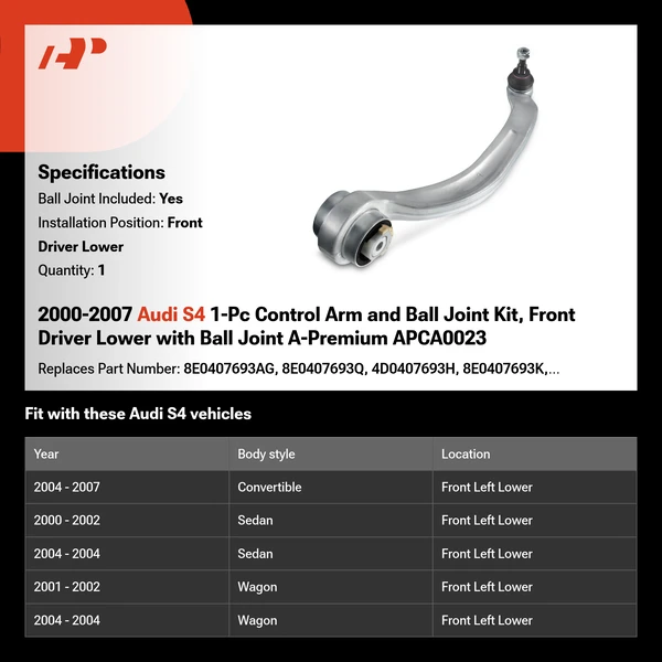 2000-2007 Audi S4 1-Pc Control Arm and Ball Joint Kit, Front Driver Lower with Ball Joint A-Premium APCA0023