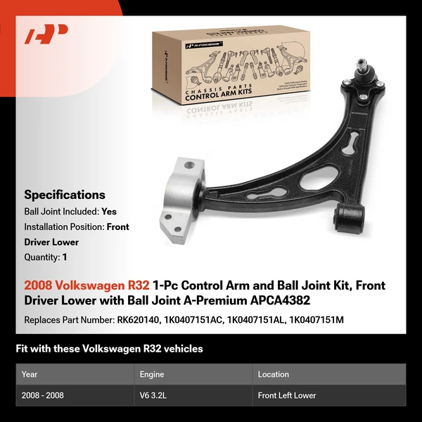 2008 Volkswagen R32 1-Pc Control Arm and Ball Joint Kit, Front Driver Lower with Ball Joint A-Premium APCA4382