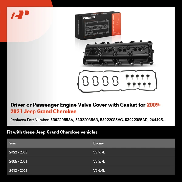 Driver or Passenger Engine Valve Cover with Gasket for 2009-2021 Jeep Grand Cherokee