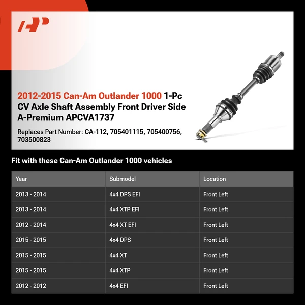 2012-2015 Can-Am Outlander 1000 1-Pc CV Axle Shaft Assembly Front Driver Side A-Premium APCVA1737