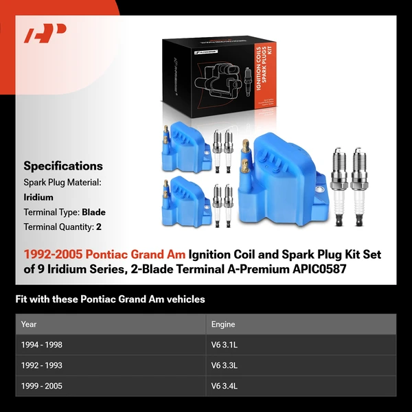 1992-2005 Pontiac Grand Am Ignition Coil and Spark Plug Kit Set of 9 Iridium Series, 2-Blade Terminal A-Premium APIC0587