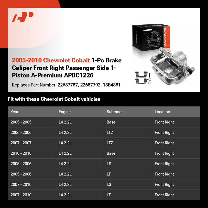 2005-2010 Chevrolet Cobalt 1-Pc Brake Caliper Front Right Passenger Side 1-Piston A-Premium APBC1226