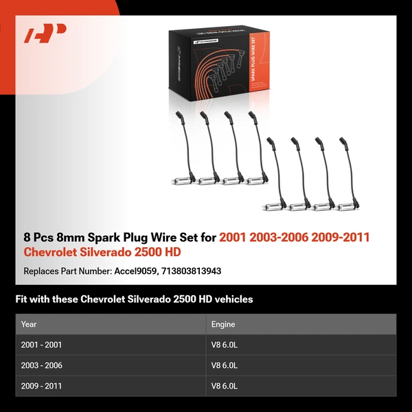 8 Pcs 8mm Spark Plug Wire Set for 2001 2003-2006 2009-2011 Chevrolet Silverado 2500 HD