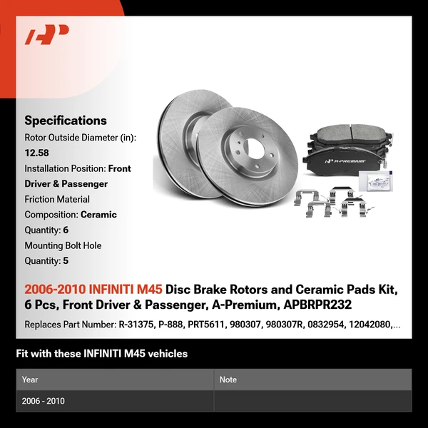 2006-2010 INFINITI M45 Disc Brake Rotors and Ceramic Pads Kit, 6 Pcs, Front Driver & Passenger, A-Premium, APBRPR232