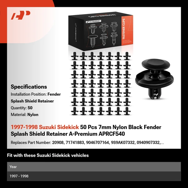 1997-1998 Suzuki Sidekick 50 Pcs 7mm Nylon Black Fender Splash Shield Retainer A-Premium APRCF540
