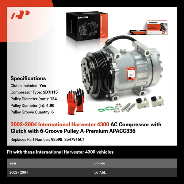 2002-2004 International Harvester 4300 AC Compressor with Clutch with 6-Groove Pulley A-Premium APACC336