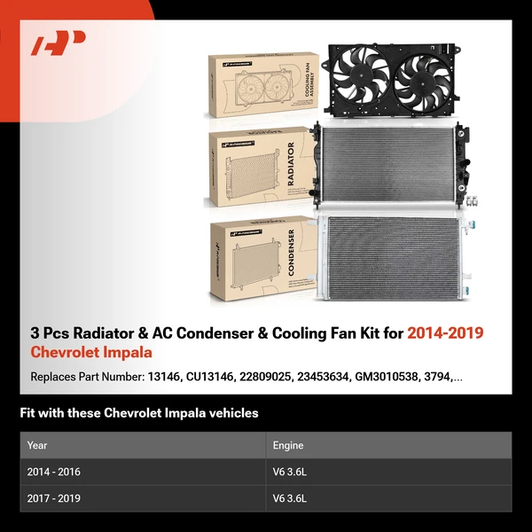 3 Pcs Radiator & AC Condenser & Cooling Fan Kit for 2014-2019 Chevrolet Impala