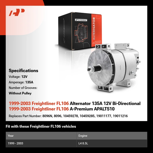 1999-2003 Freightliner FL106 Alternator 135A 12V Bi-Directional 1999-2003 Freightliner FL106 A-Premium APALT510