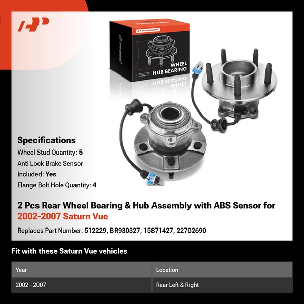 2 Pcs Rear Wheel Bearing & Hub Assembly with ABS Sensor for 2002-2007 Saturn Vue