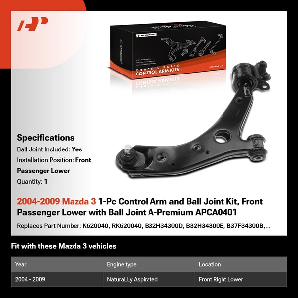 2004-2009 Mazda 3 1-Pc Control Arm and Ball Joint Kit, Front Passenger Lower with Ball Joint A-Premium APCA0401