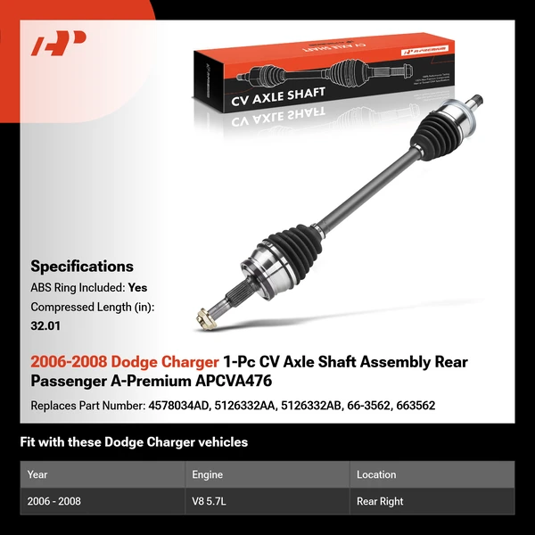 2006-2008 Dodge Charger 1-Pc CV Axle Shaft Assembly Rear Passenger A-Premium APCVA476