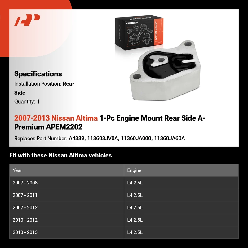 2007-2013 Nissan Altima 1-Pc Engine Mount Rear Side A-Premium APEM2202