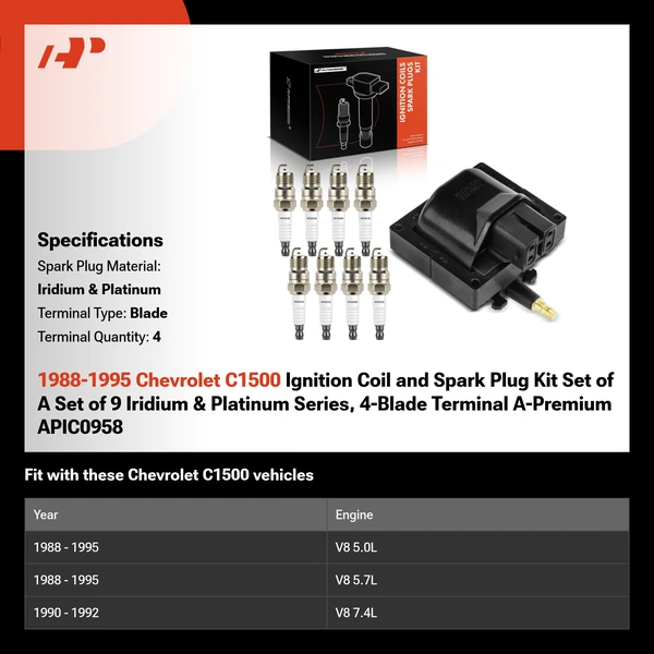 1988-1995 Chevrolet C1500 Ignition Coil and Spark Plug Kit Set of A Set of 9 Iridium & Platinum Series, 4-Blade Terminal A-Premium APIC0958