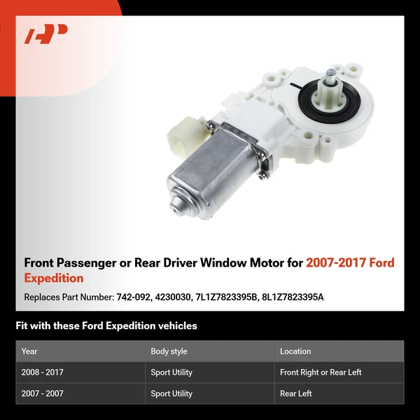 Front Passenger or Rear Driver Window Motor for 2007-2017 Ford Expedition