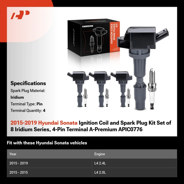 2015-2019 Hyundai Sonata Ignition Coil and Spark Plug Kit Set of 8 Iridium Series, 4-Pin Terminal A-Premium APIC0776