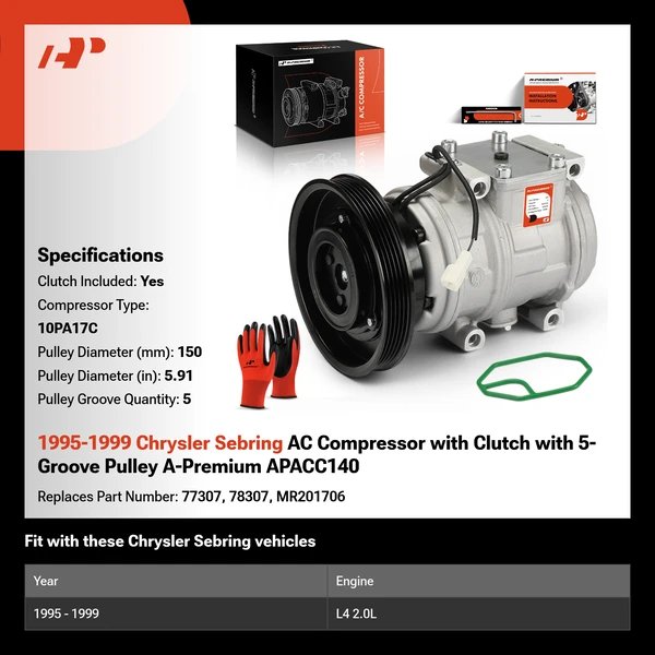 1995-1999 Chrysler Sebring AC Compressor with Clutch with 5-Groove Pulley A-Premium APACC140