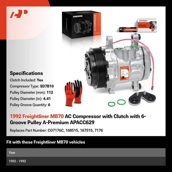 1992 Freightliner MB70 AC Compressor with Clutch with 6-Groove Pulley A-Premium APACC629