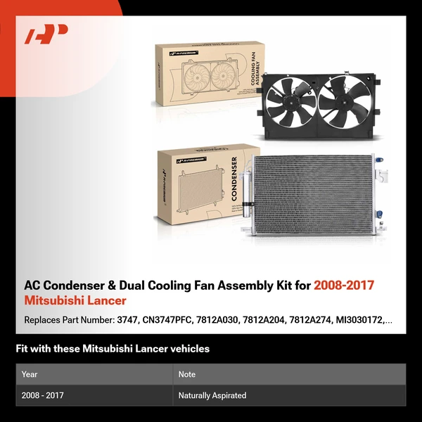 AC Condenser & Dual Cooling Fan Assembly Kit for 2008-2017 Mitsubishi Lancer