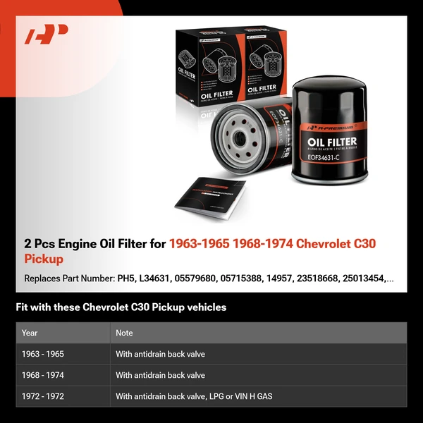 2 Pcs Engine Oil Filter for 1963-1965 1968-1974 Chevrolet C30 Pickup