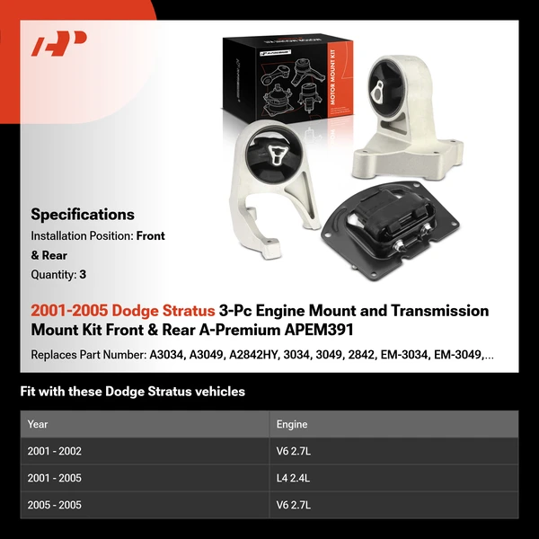 2001-2005 Dodge Stratus 3-Pc Engine Mount and Transmission Mount Kit Front & Rear A-Premium APEM391