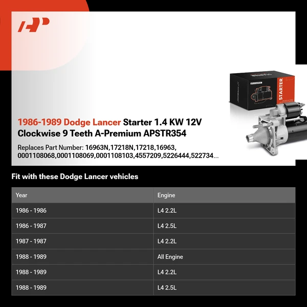 1986-1989 Dodge Lancer Starter 1.4 KW 12V Clockwise 9 Teeth A-Premium APSTR354