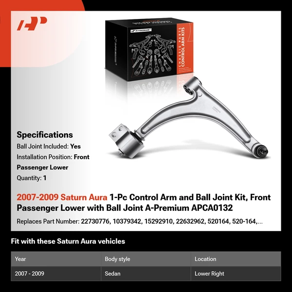 2007-2009 Saturn Aura 1-Pc Control Arm and Ball Joint Kit, Front Passenger Lower with Ball Joint A-Premium APCA0132