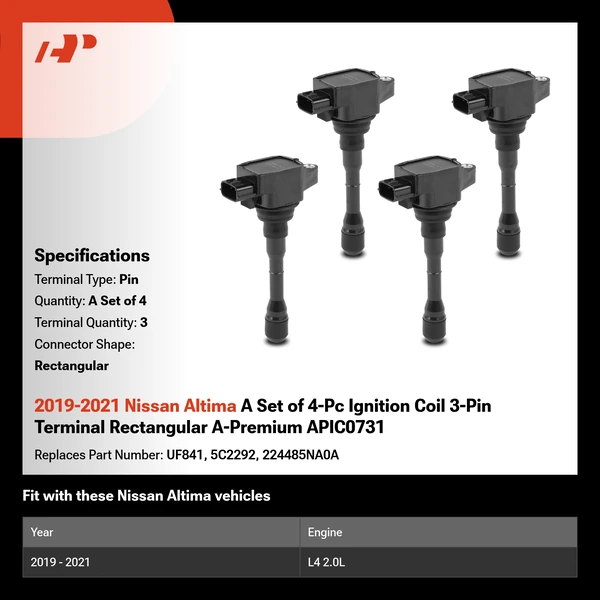 2019-2021 Nissan Altima A Set of 4-Pc Ignition Coil 3-Pin Terminal Rectangular A-Premium APIC0731