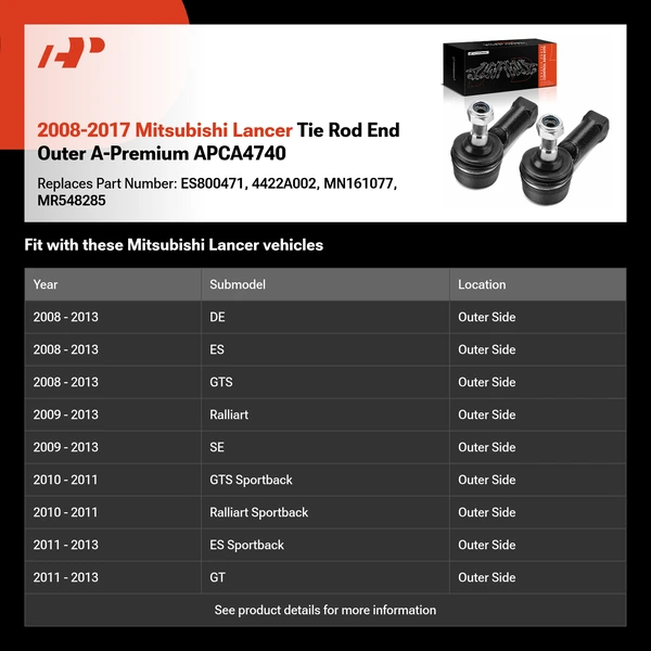 2008-2017 Mitsubishi Lancer Tie Rod End Outer A-Premium APCA4740