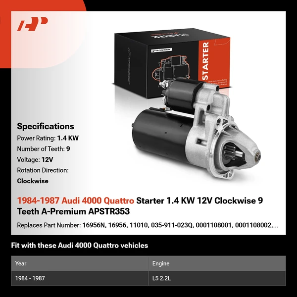 1984-1987 Audi 4000 Quattro Starter 1.4 KW 12V Clockwise 9 Teeth A-Premium APSTR353