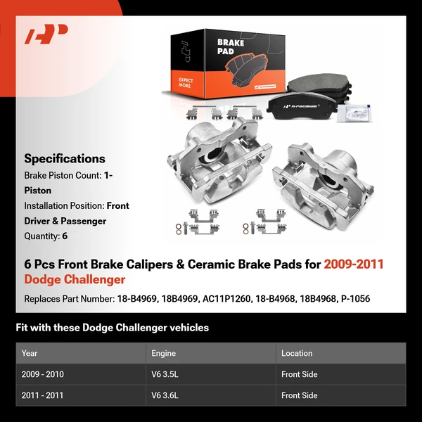 6 Pcs Front Brake Calipers & Ceramic Brake Pads for 2009-2011 Dodge Challenger