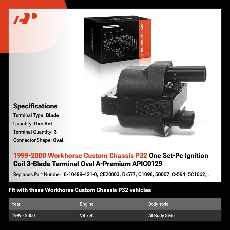 1999-2000 Workhorse Custom Chassis P32 One Set-Pc Ignition Coil 3-Blade Terminal Oval A-Premium APIC0129