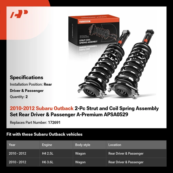 2010-2012 Subaru Outback 2-Pc Strut and Coil Spring Assembly Set Rear Driver & Passenger A-Premium APSA0529