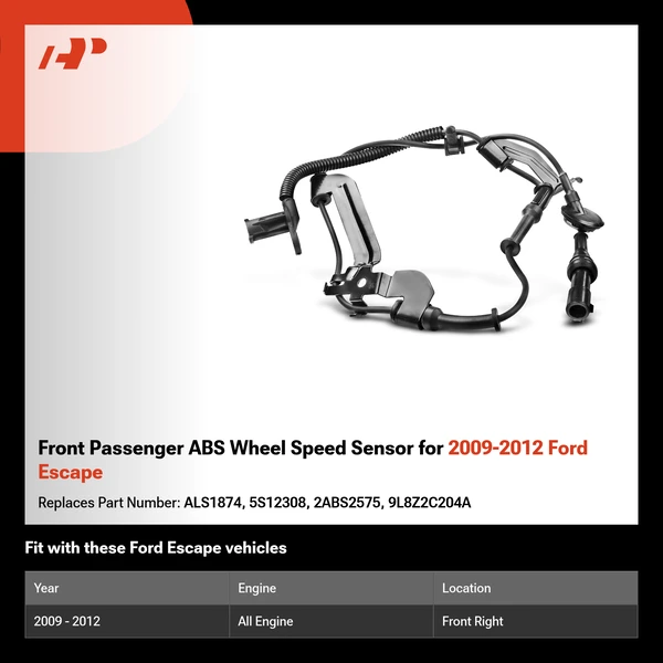 Front Passenger ABS Wheel Speed Sensor for 2009-2012 Ford Escape