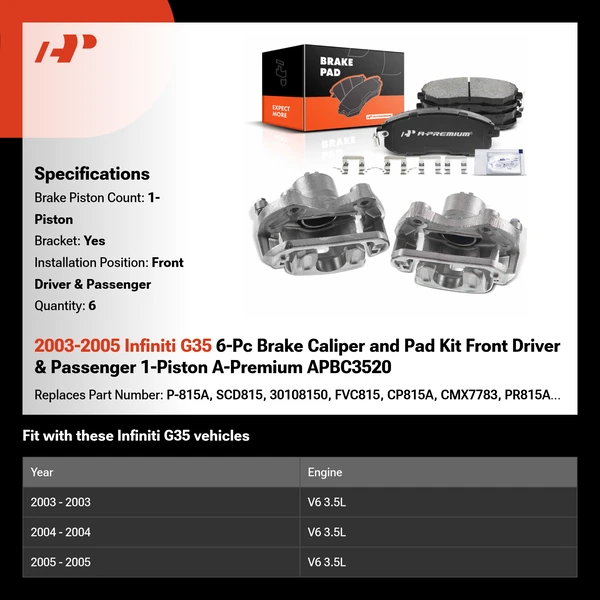 2003-2005 Infiniti G35 6-Pc Brake Caliper and Pad Kit Front Driver & Passenger 1-Piston A-Premium APBC3520