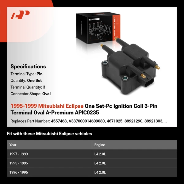 1995-1999 Mitsubishi Eclipse One Set-Pc Ignition Coil 3-Pin Terminal Oval A-Premium APIC0235