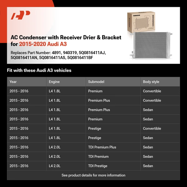 AC Condenser with Receiver Drier & Bracket for 2015-2020 Audi A3