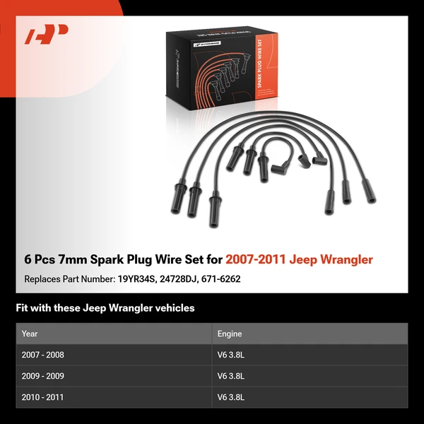 6 Pcs 7mm Spark Plug Wire Set for 2007-2011 Jeep Wrangler