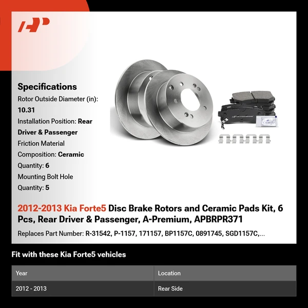 2012-2013 Kia Forte5 Disc Brake Rotors and Ceramic Pads Kit, 6 Pcs, Rear Driver & Passenger, A-Premium, APBRPR371