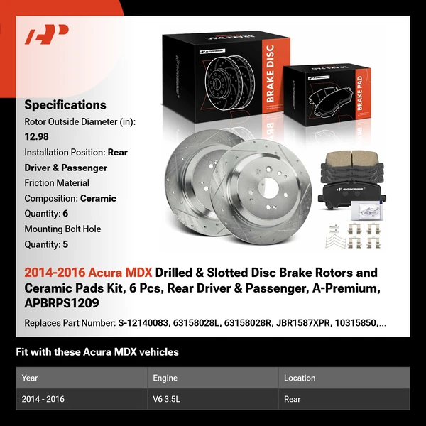 2014-2016 Acura MDX Drilled & Slotted Disc Brake Rotors and Ceramic Pads Kit, 6 Pcs, Rear Driver & Passenger, A-Premium, APBRPS1209